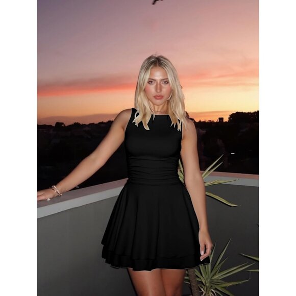 Women's BlackBoat Neck Sleeveless Corset Mini Dress with Ruched Ruffle Hem - Picture 3 of 5